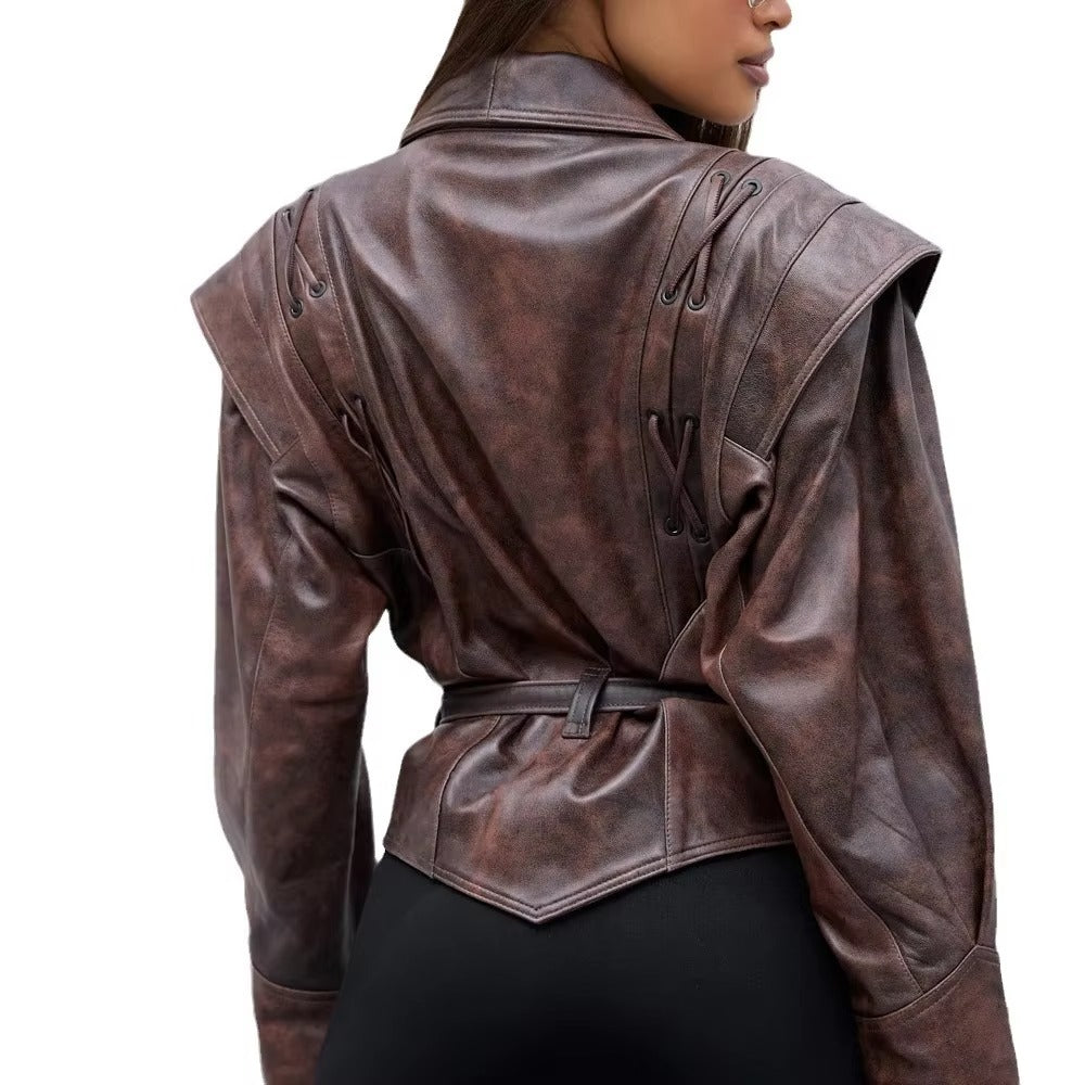 Boutique wholesale 2024 autumn women's faux leather jacket – fashion, elegant, V-neck, slim, spliced, solid color
