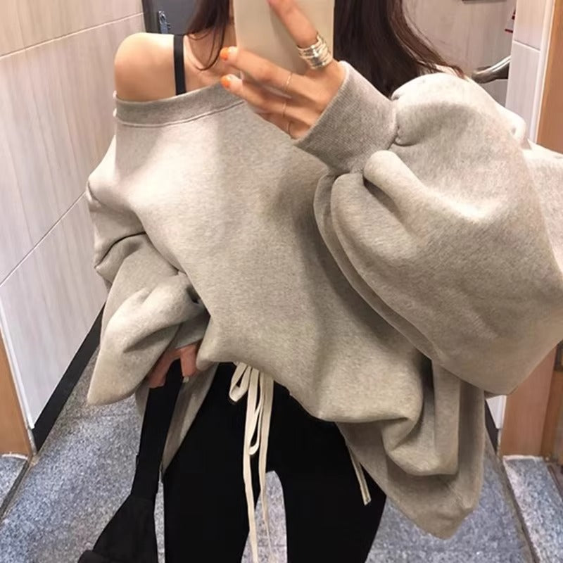 Boutique wholesale autumn French women's hoodie – irregular slanted collar, off-shoulder, loose, long sleeved