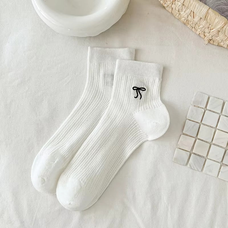 Women's cotton socks – bow embroidery, short tube, mesh, ballet style