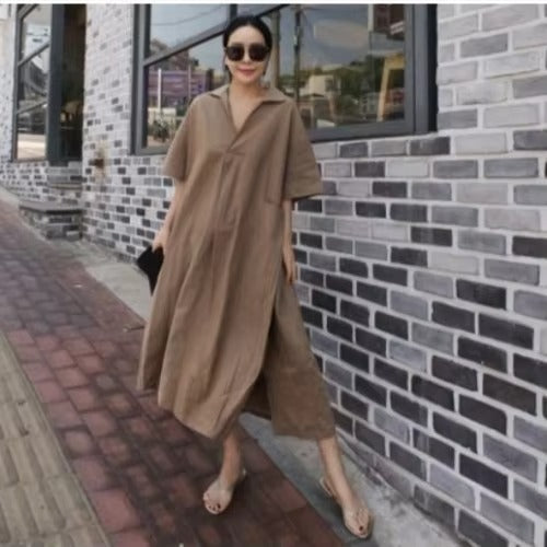 2025 spring-summer wholesale loose plus size dress – cotton and linen, big pocket, long A-line