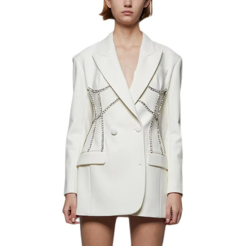 Wholesale spring women's suit – light luxury, rhinestone jacket, mid-length, waist-accented, fashionable