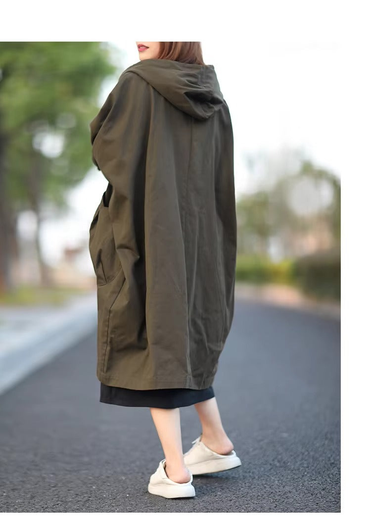 2022 new plus-size women's windbreaker – solid color cotton, casual, pocketed, hooded, versatile