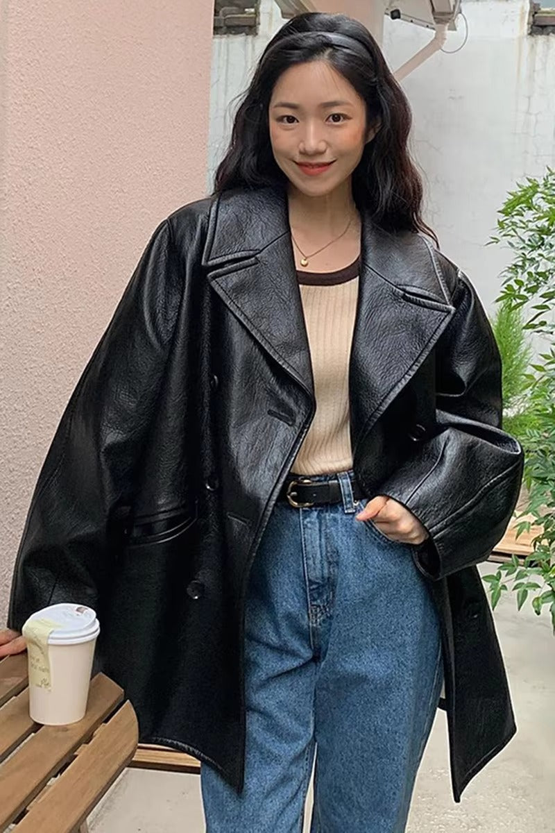 Wholesale autumn leather jacket – retro, double-breasted, loose, double-pocket, motorcycle style