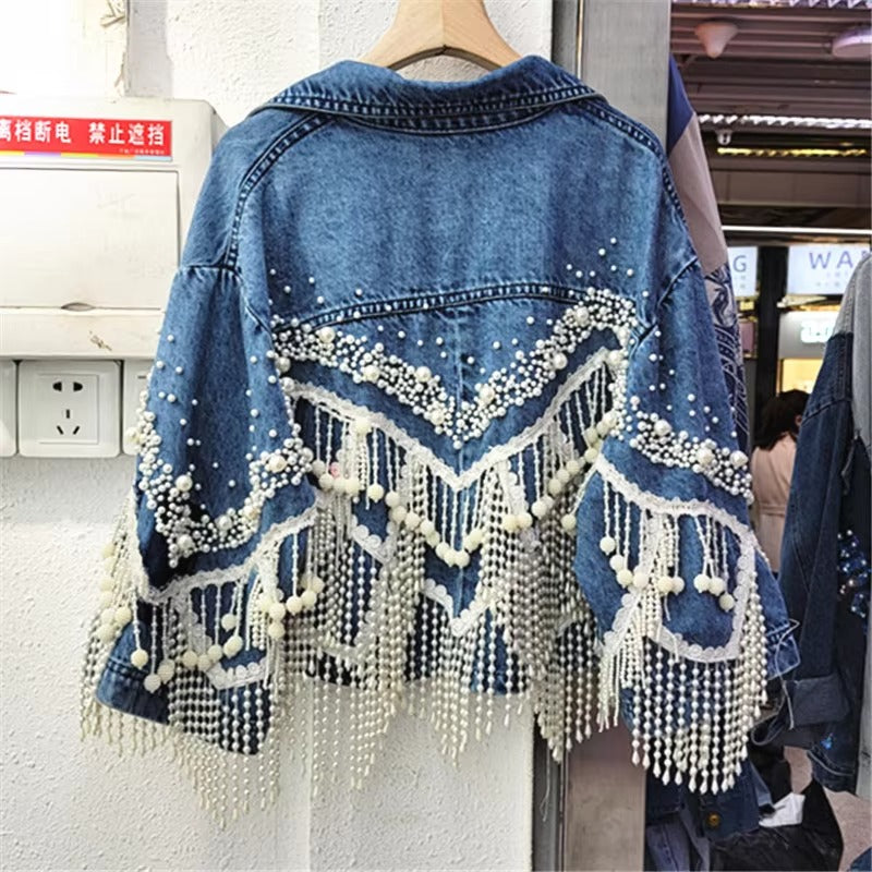 Wholesale spring new Korean denim coat – pearl tassel, short loose, versatile, personalized