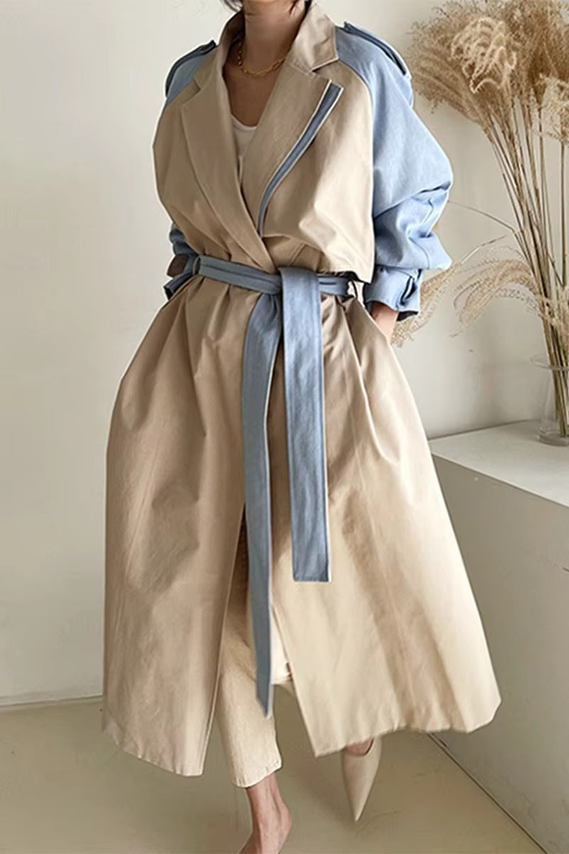 Wholesale autumn windbreaker – Korean chic, French retro, lapel, contrast color, tie waist, long