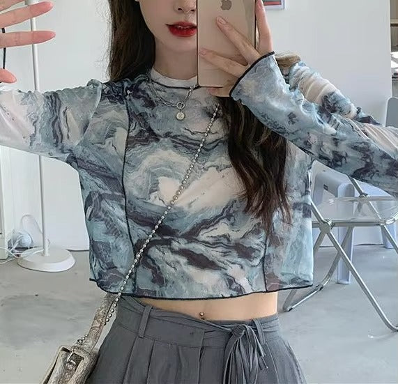 Boutique wholesale summer women's T-shirt – tie-dyed, round neck, sun protection, long-sleeved