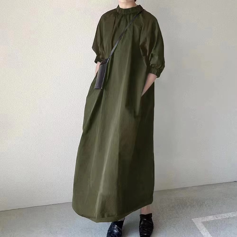 Wholesale summer casual loose temperament dress – puff sleeves, solid color, back zipper, mid-length A-line