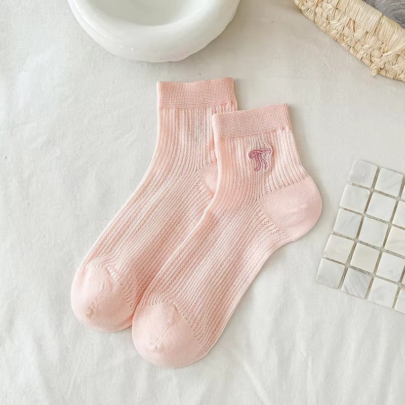 Women's cotton socks – bow embroidery, short tube, mesh, ballet style