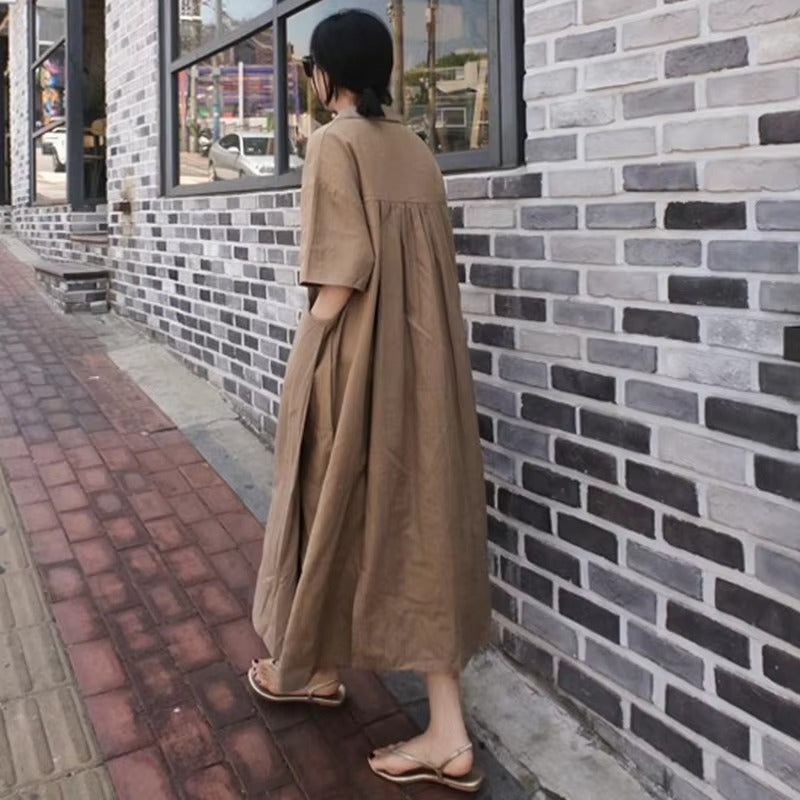2025 spring-summer wholesale loose plus size dress – cotton and linen, big pocket, long A-line