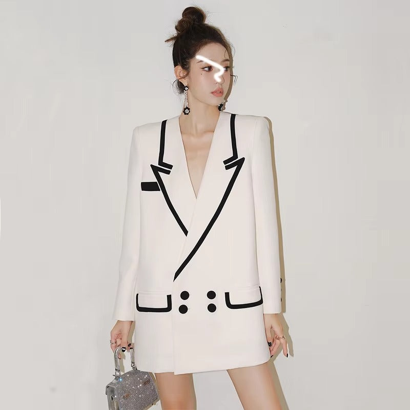 Wholesale spring women's suit – striped, double-breasted, loose, versatile, mid-length