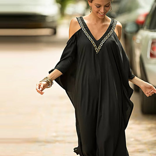 Fashion women's dress – V-neck, gold strapless, loose plus size, beach holiday, bikini sunscreen