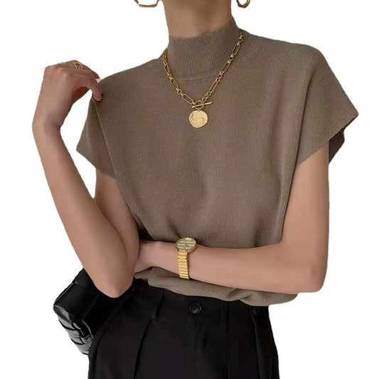 Short-sleeved women's T-shirt – spring-summer, half turtleneck, knitted, loose, vest style