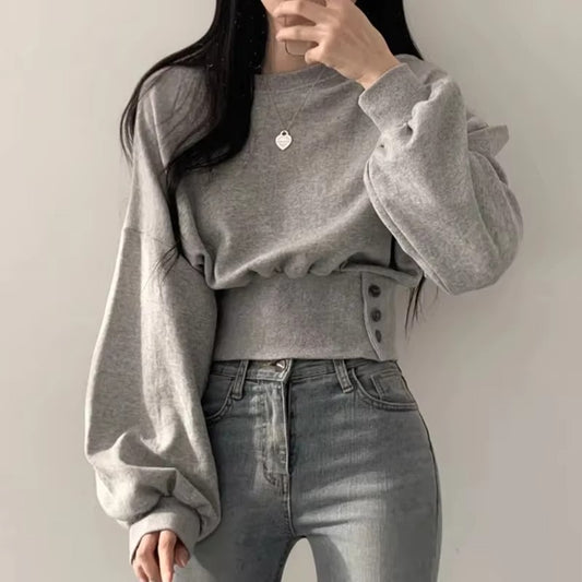 Boutique wholesale autumn new women's hoodie – fashionable, round neck, buckle waist, slimming, long sleeved, pullover