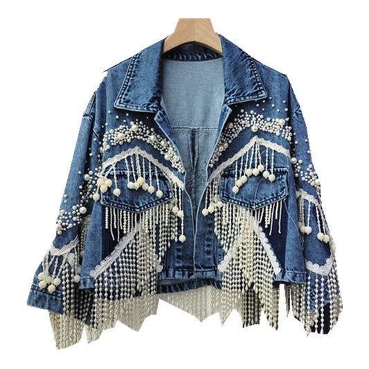 Wholesale spring new Korean denim coat – pearl tassel, short loose, versatile, personalized