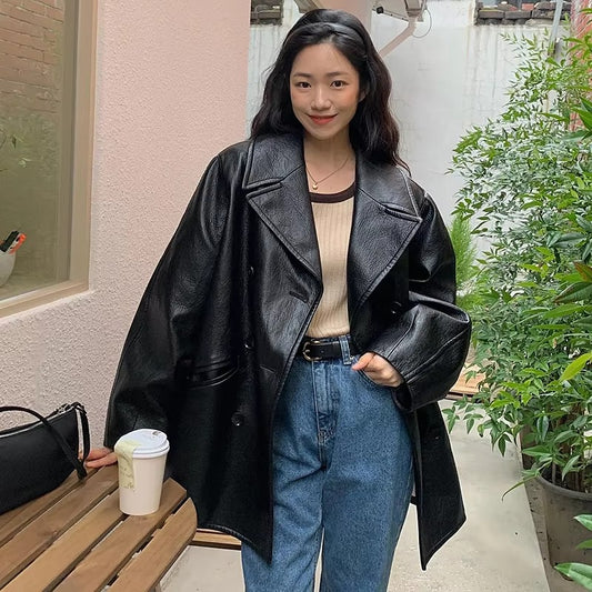 Wholesale autumn leather jacket – retro, double-breasted, loose, double-pocket, motorcycle style