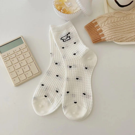 Summer thin mesh socks – women's, white, puppy design, mid-tube