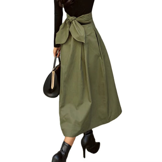 Wholesale casual A-line skirt – solid color, high waist, bow, elegant ladies' skirt