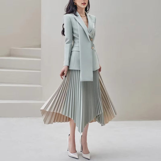 Wholesale new grey-blue suit – double-breasted jacket, spliced irregular pleated skirt, spring-autumn fashion