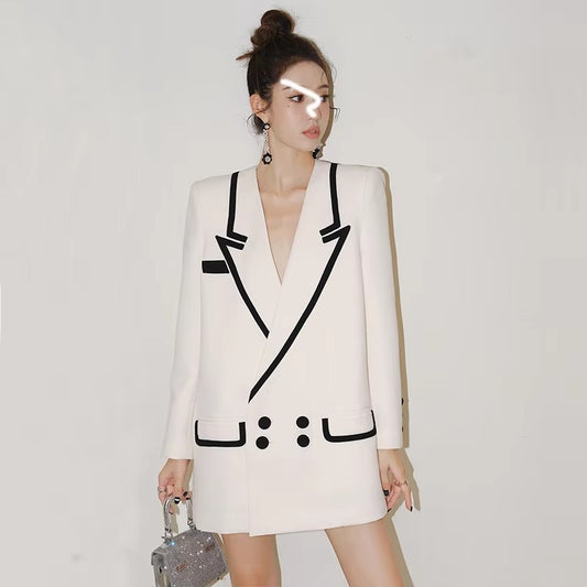 Wholesale spring women's suit – striped, double-breasted, loose, versatile, mid-length