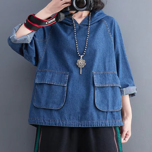 Boutique wholesale autumn new denim hoodie – fashionable loose, retro washed, drawstring, women's