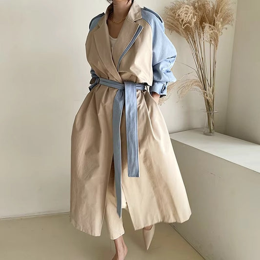 Wholesale autumn windbreaker – Korean chic, French retro, lapel, contrast color, tie waist, long