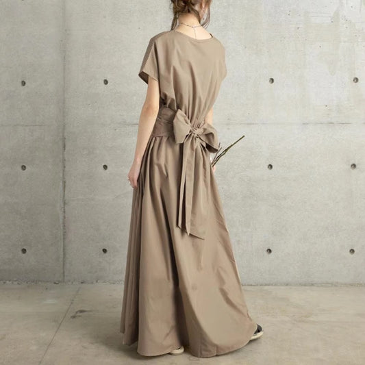 Wholesale spring-summer women's dress – casual loose, back tie bow, short-sleeved, literary, long