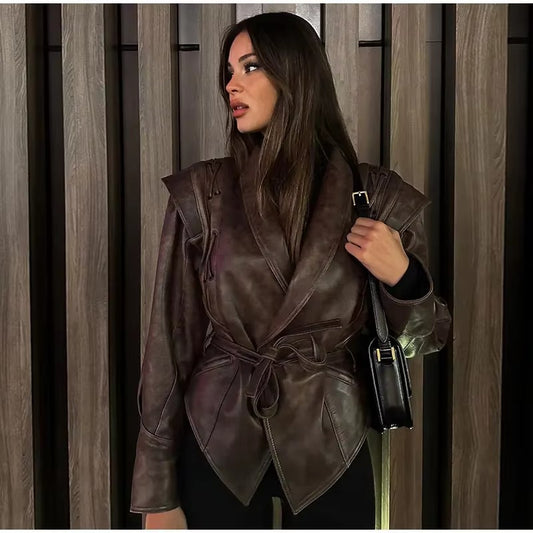 Boutique wholesale 2024 autumn women's faux leather jacket – fashion, elegant, V-neck, slim, spliced, solid color