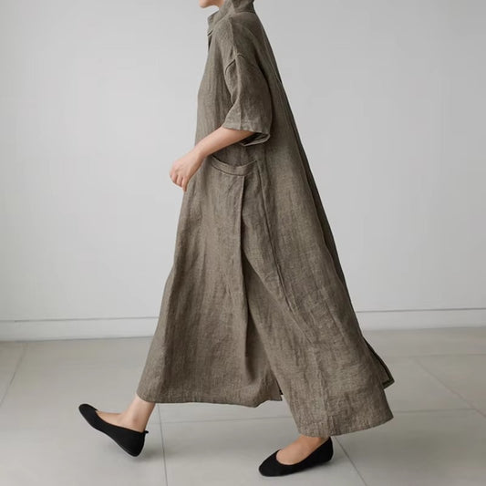 2025 spring-summer wholesale loose plus size dress – cotton and linen, big pocket, long A-line