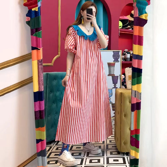 Wholesale spring-summer Korean dress – doll collar, lace, loose puff sleeve, long striped, casual A-line, female