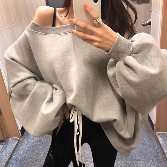 Boutique wholesale autumn French women's hoodie – irregular slanted collar, off-shoulder, loose, long sleeved