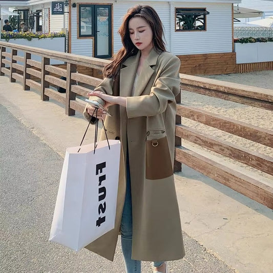 Wholesale autumn trench coat – atmospheric Korean, loose mid-length, contrast color, popular temperament