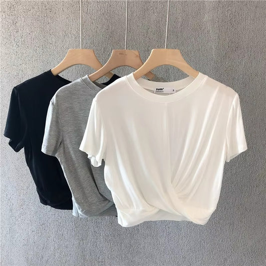 Wholesale summer women's T-shirt – fashion, knotted, short, loose, sporty, slimming, solid color