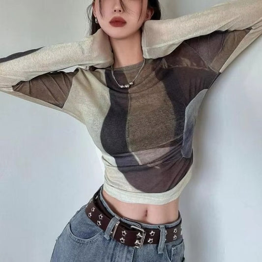 Boutique wholesale spring women's T-shirt – long-sleeved, sunscreen, contrast color, round neck, slim, mesh