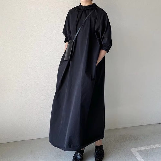 Wholesale summer casual loose temperament dress – puff sleeves, solid color, back zipper, mid-length A-line