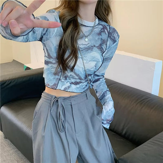 Boutique wholesale summer women's T-shirt – tie-dyed, round neck, sun protection, long-sleeved