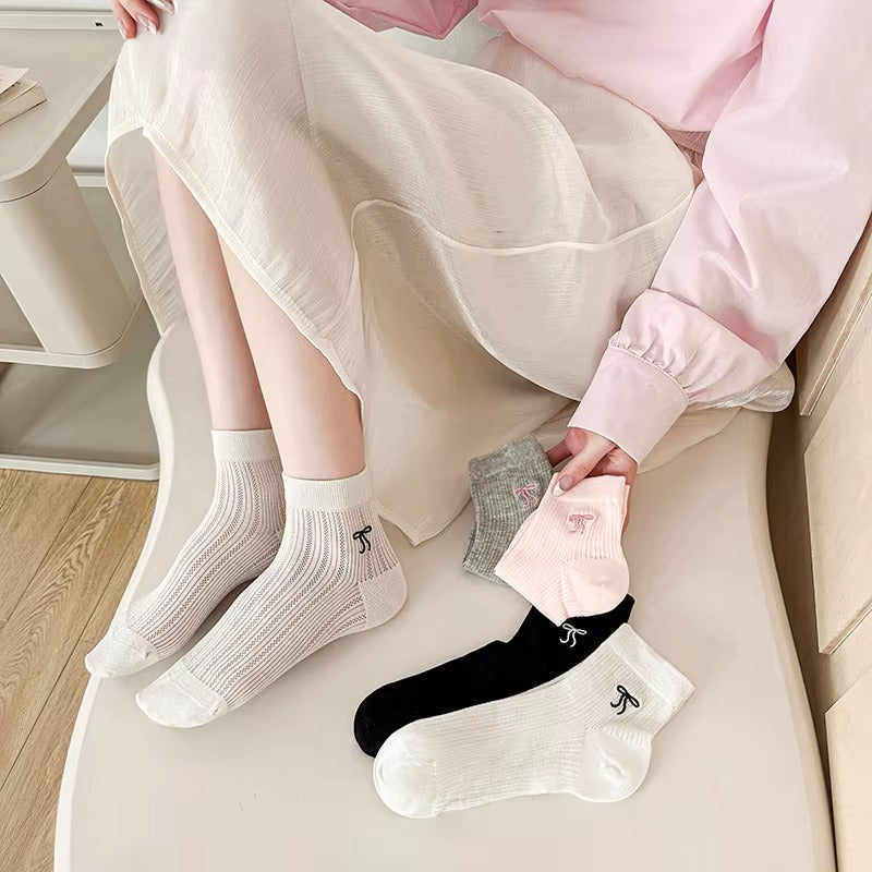 Women's cotton socks – bow embroidery, short tube, mesh, ballet style