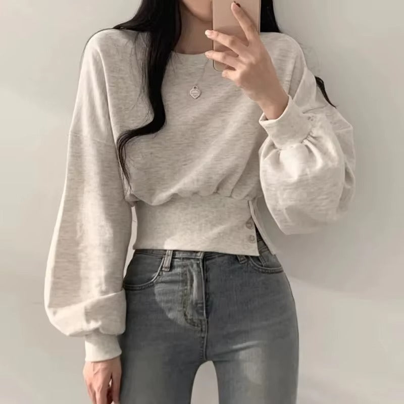 Boutique wholesale autumn new women's hoodie – fashionable, round neck, buckle waist, slimming, long sleeved, pullover