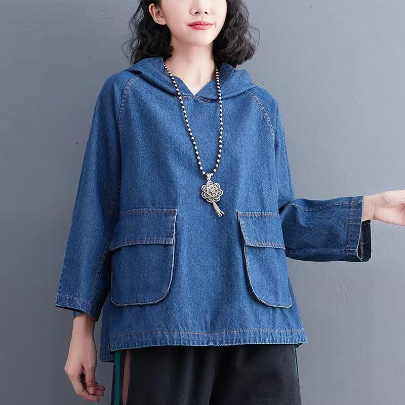 Boutique wholesale autumn new denim hoodie – fashionable loose, retro washed, drawstring, women's
