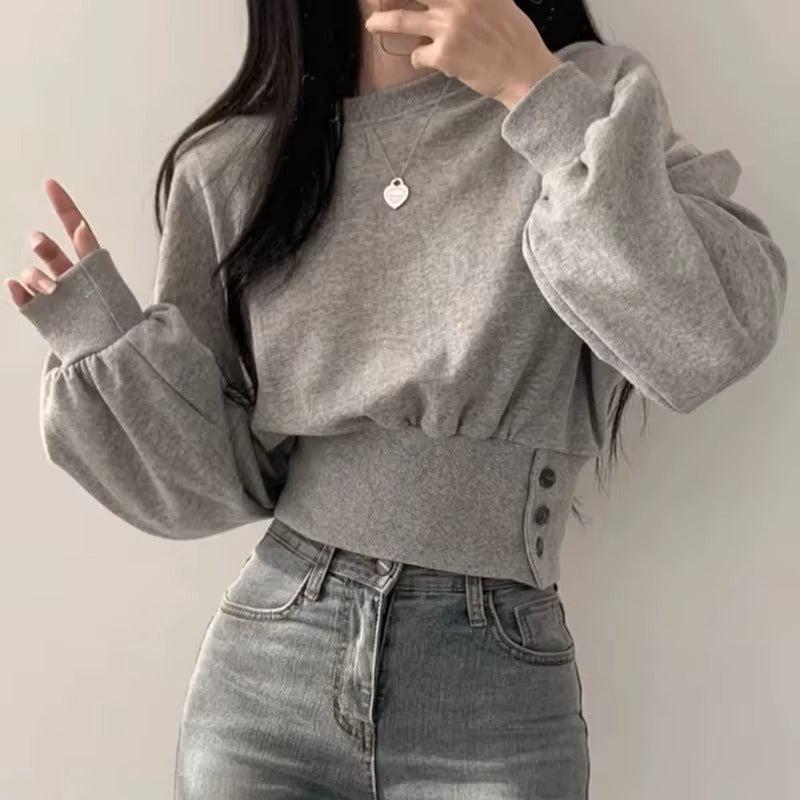 Boutique wholesale autumn new women's hoodie – fashionable, round neck, buckle waist, slimming, long sleeved, pullover