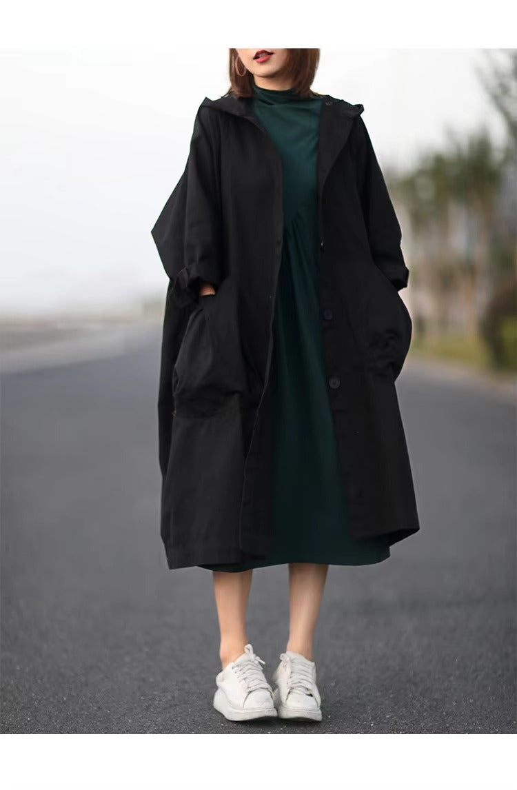 2022 new plus-size women's windbreaker – solid color cotton, casual, pocketed, hooded, versatile