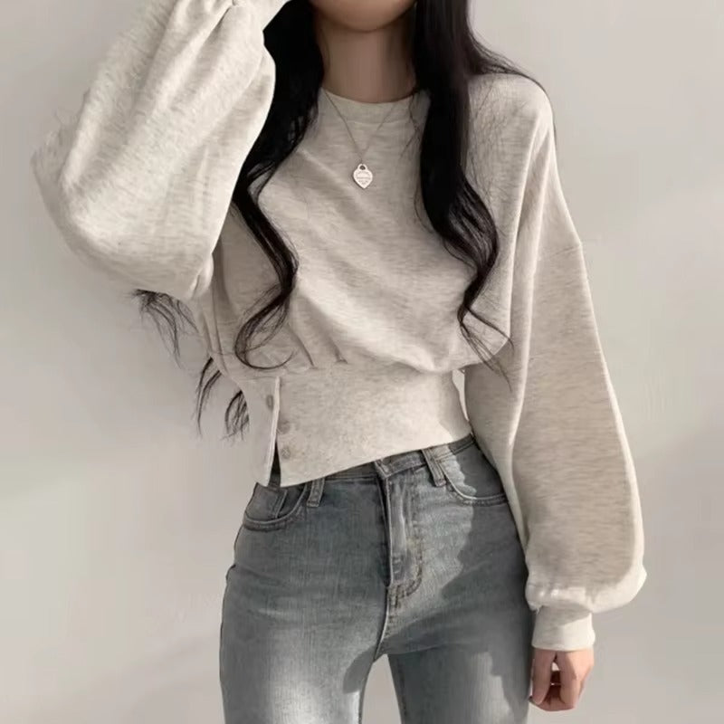 Boutique wholesale autumn new women's hoodie – fashionable, round neck, buckle waist, slimming, long sleeved, pullover