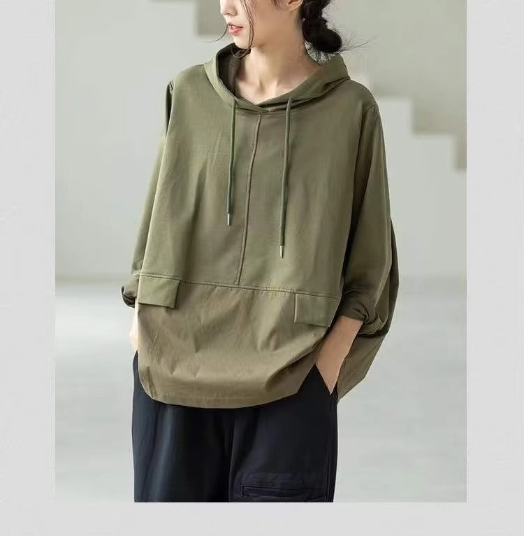 Boutique wholesale spring new women's sweatshirts – literary, large size, long sleeved, hooded, loose, versatile