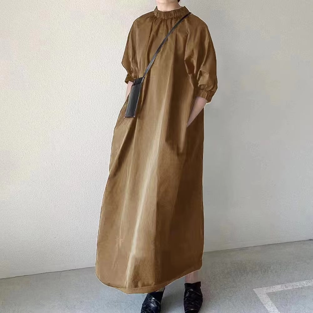 Wholesale summer casual loose temperament dress – puff sleeves, solid color, back zipper, mid-length A-line