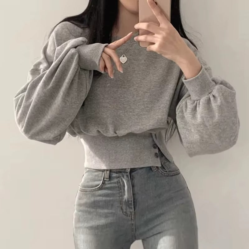 Boutique wholesale autumn new women's hoodie – fashionable, round neck, buckle waist, slimming, long sleeved, pullover