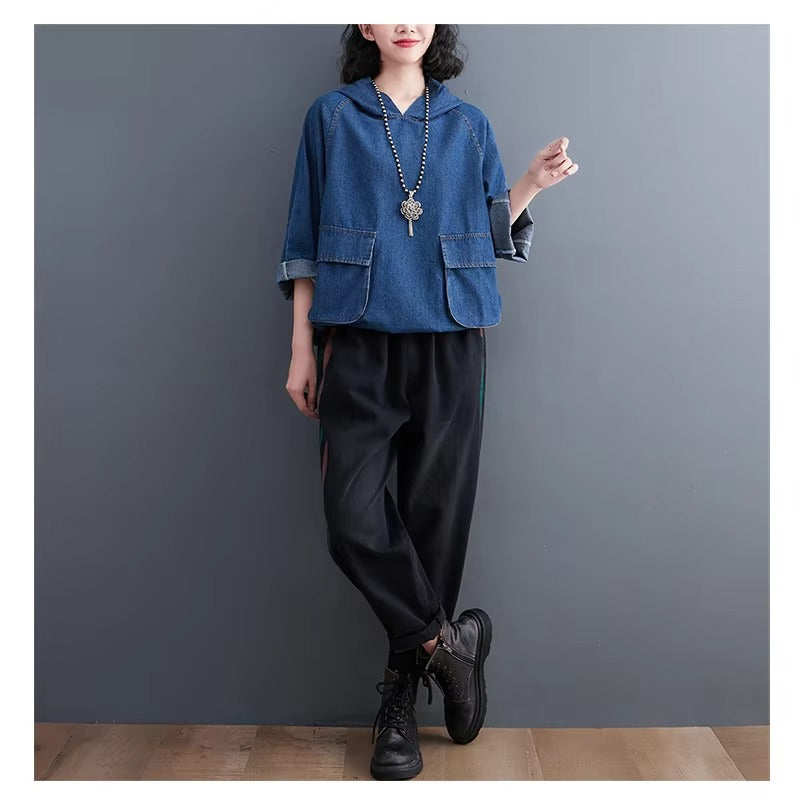 Boutique wholesale autumn new denim hoodie – fashionable loose, retro washed, drawstring, women's
