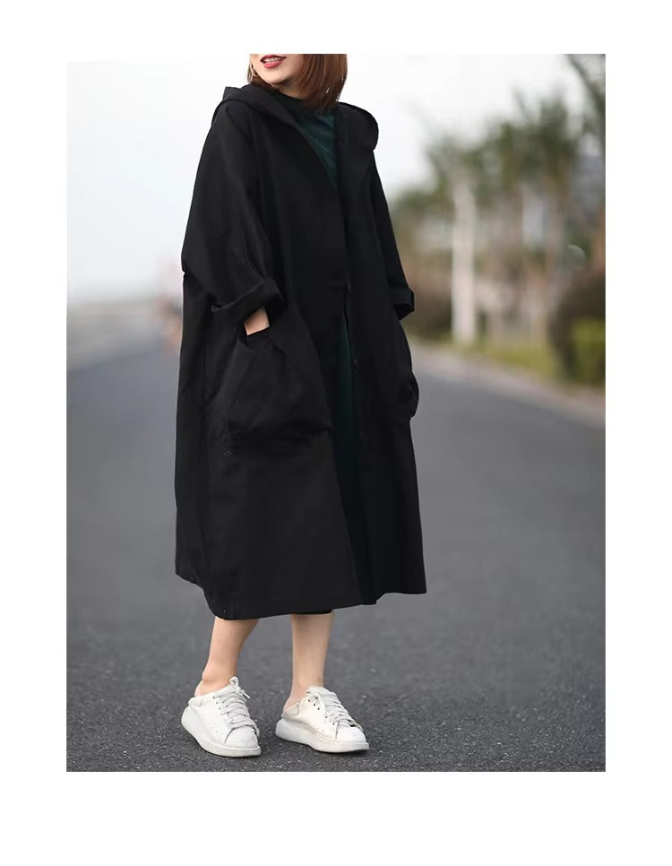 2022 new plus-size women's windbreaker – solid color cotton, casual, pocketed, hooded, versatile
